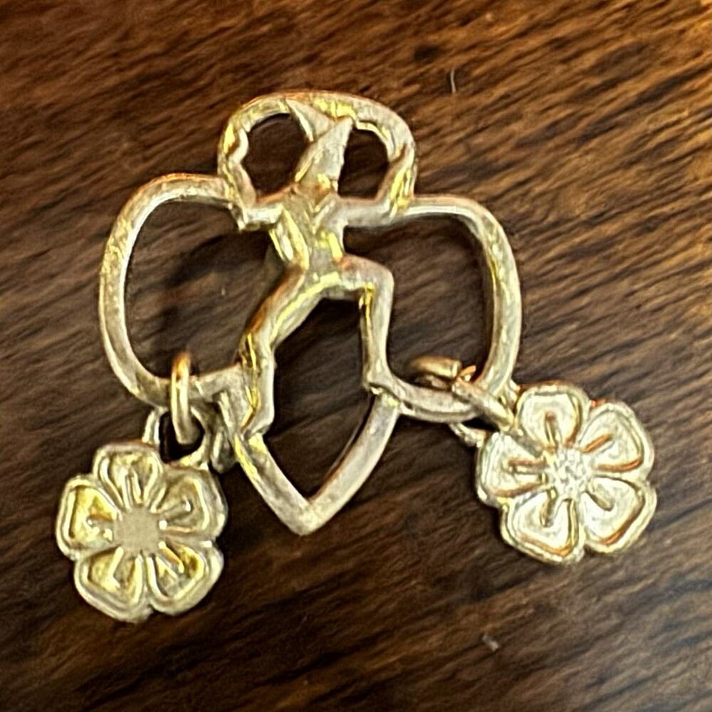 Girl Scouts Signed Trefoil Pin w/ Girl Figure & 2 Dangling Clover Charms